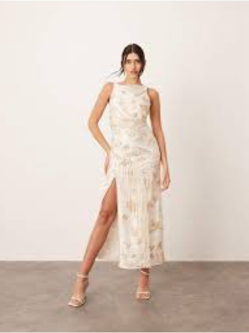 Sleeveless‎ Floral Midi Dress with Side Slit - Cream